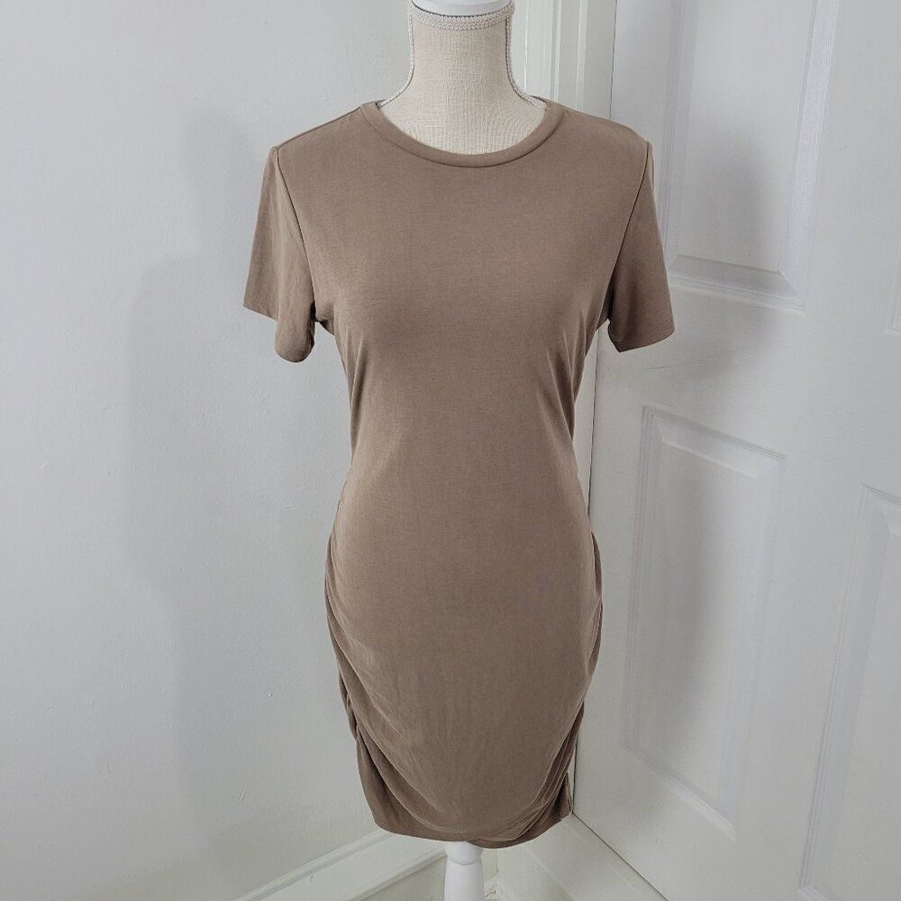 Express Dress Womens M Beige Knee Length Bodycon Ruched Neutral Minimalist New